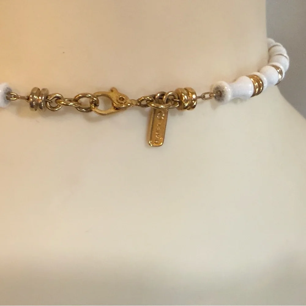 Vintage Monet White Beaded‎ Necklace Width Gold Accent Signed~30